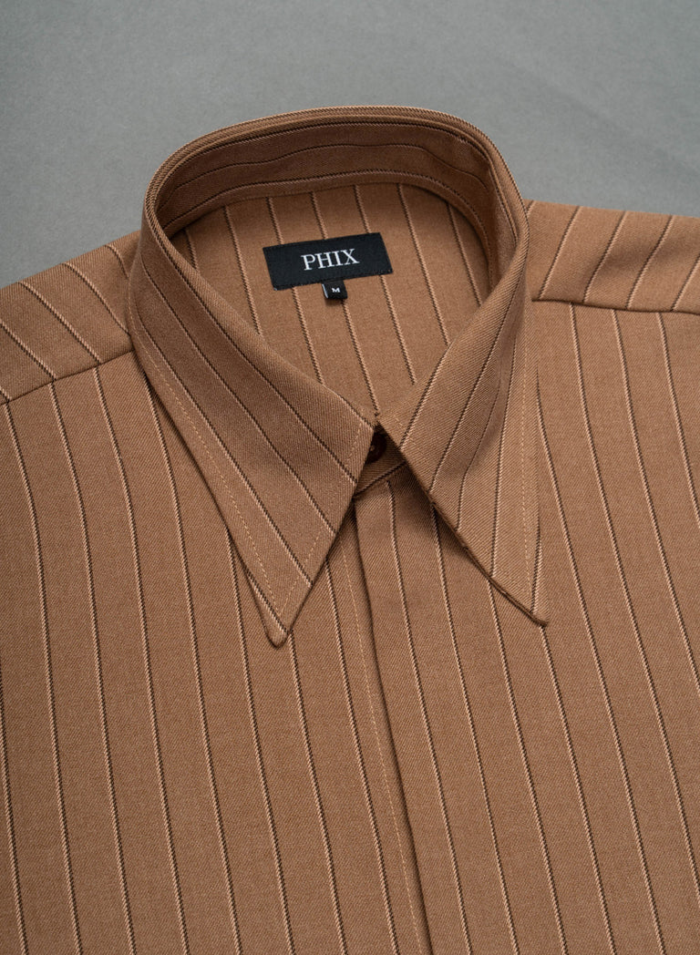 Brown Pinstripe Point Collar Shirt