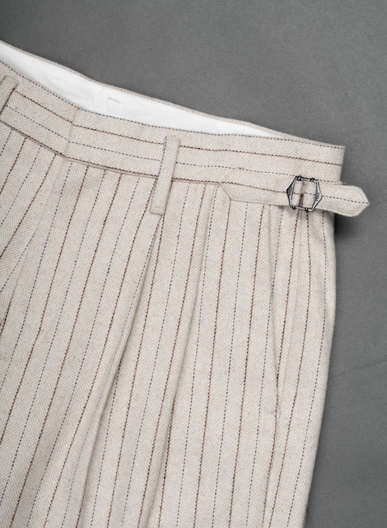 Ivory Pinstripe Herringbone High Waisted Side Buckle Flare Trousers