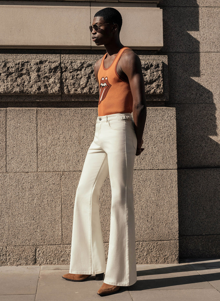 Off White High Waisted Denim Flare Side Buckle Jean