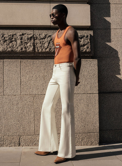 Off White High Waisted Denim Flare Side Buckle Jean