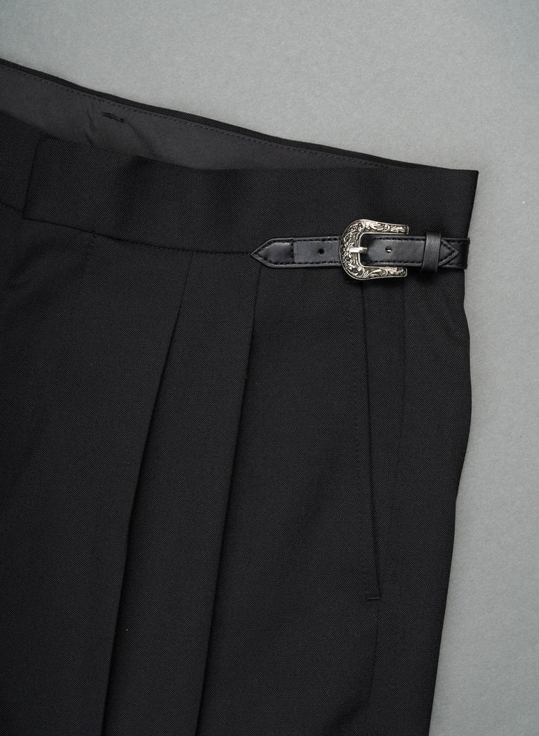 Black Wool Western Side Buckle Flare Trouser