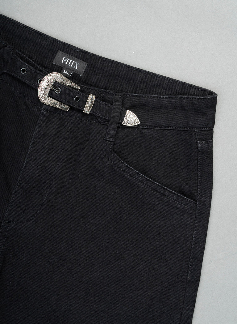 Black Denim Western Belt Wide Leg Flare Jeans