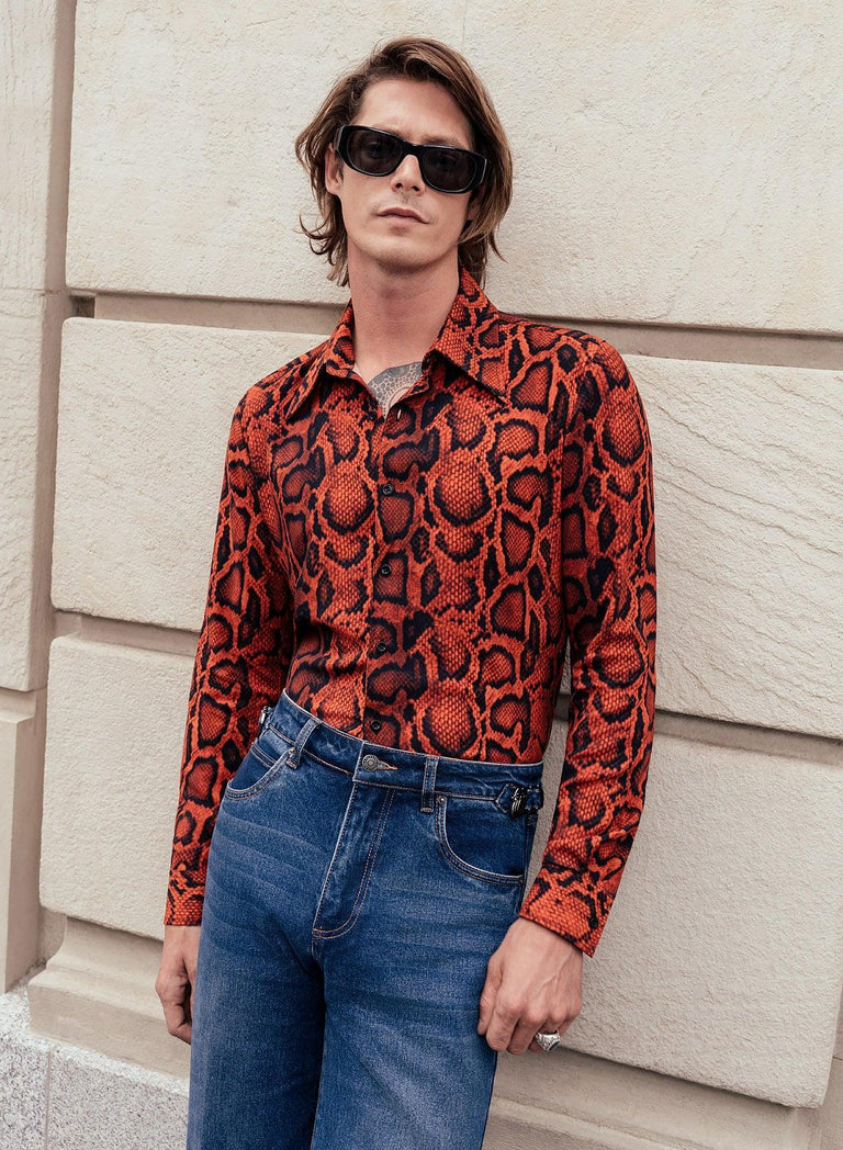 Phix X Rolling Stones Red Snake Print Effect Viscose Shirt