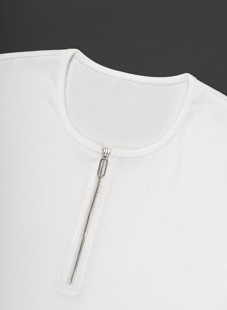 White Ribbed Cotton Henley Zip T-Shirt