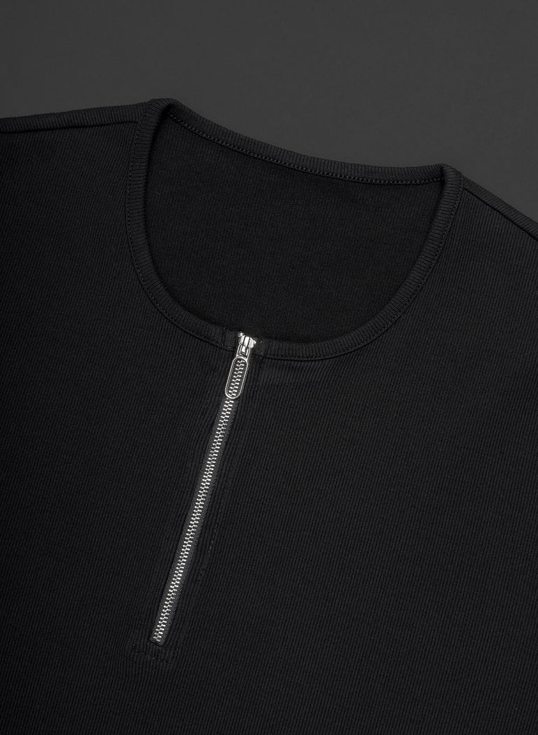 Black Ribbed Cotton Henley Zip T-Shirt