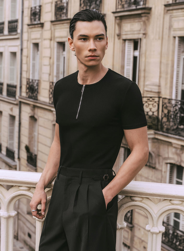 Black Ribbed Cotton Henley Zip T-Shirt
