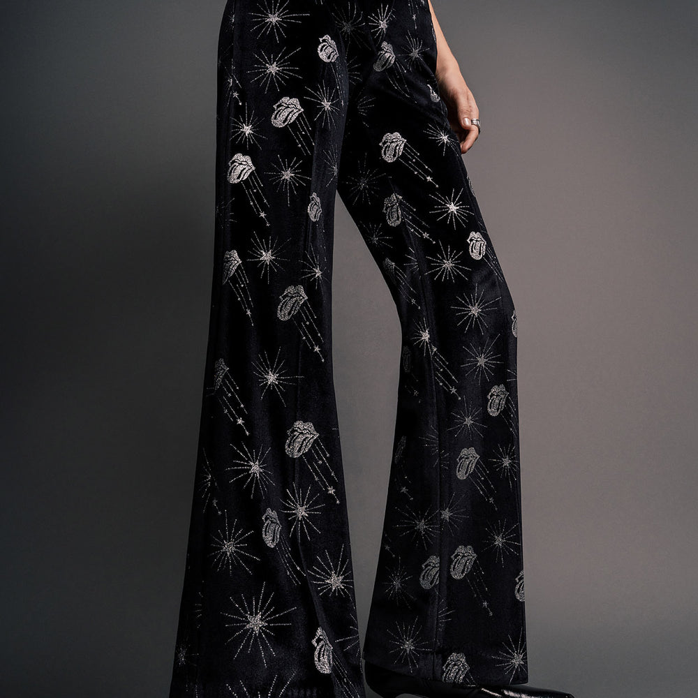 Womens Phix X Rolling Stones Silver Tongue Black Velvet Flare Trousers ...