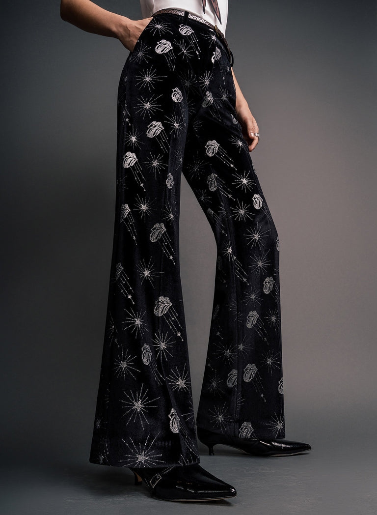 Phix X Rolling Stones Silver Tongue Black Velvet Flare Trousers