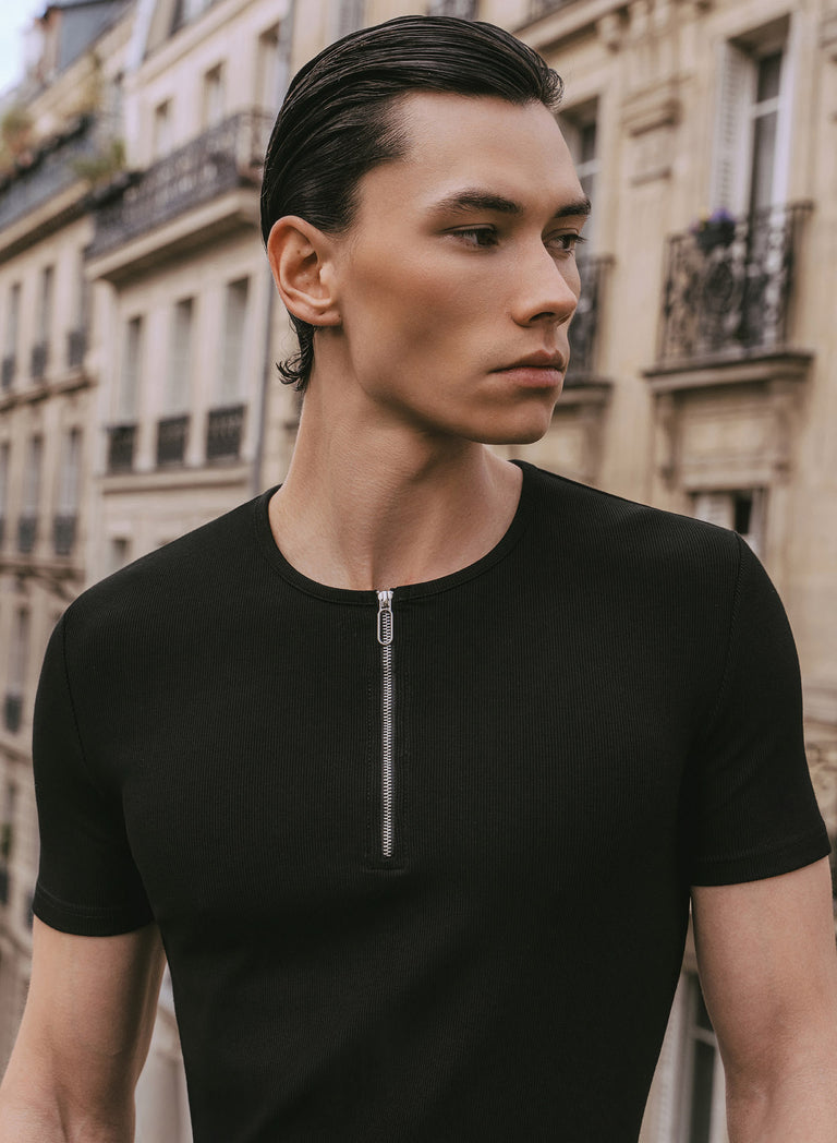 Black Ribbed Cotton Henley Zip T-Shirt