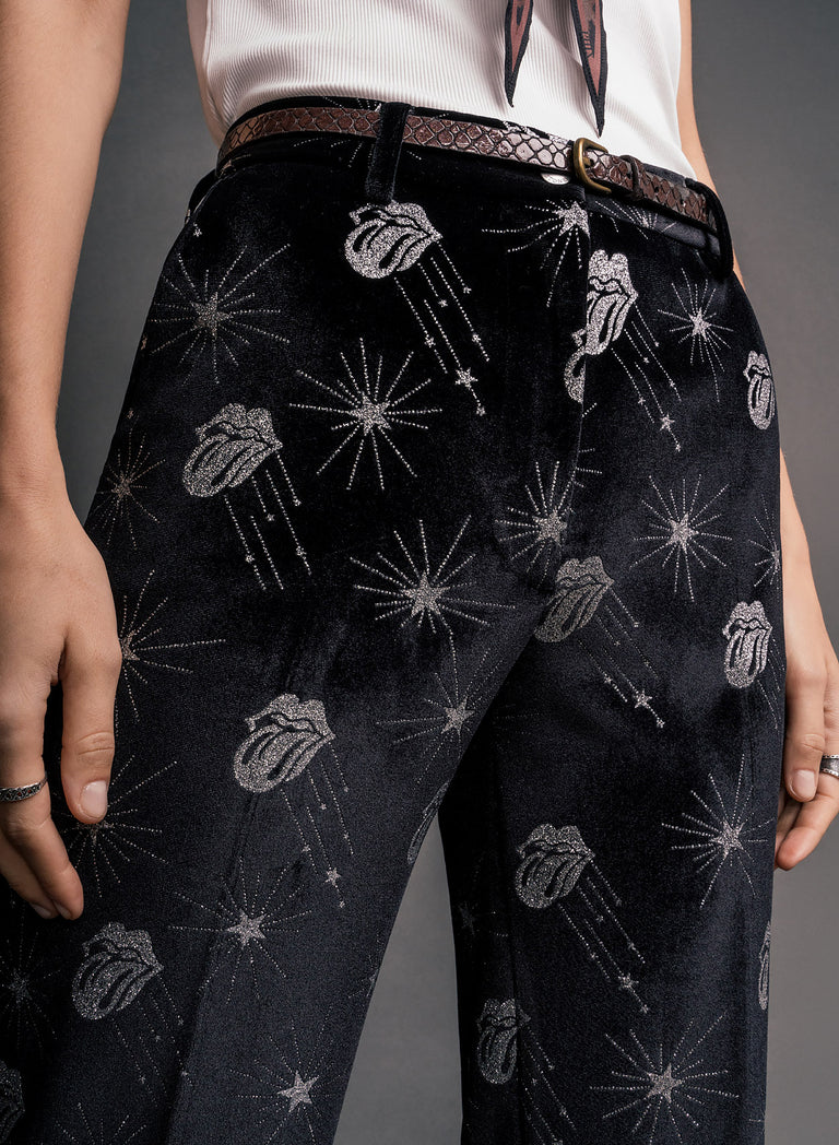 Phix X Rolling Stones Silver Tongue Black Velvet Flare Trousers