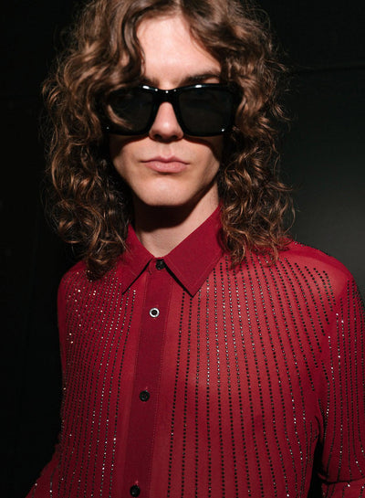 Red Chiffon Sequin Button Down Shirt