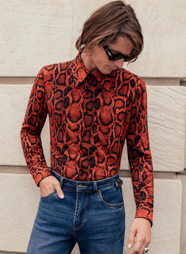 Phix X Rolling Stones Red Snake Print Effect Viscose Shirt