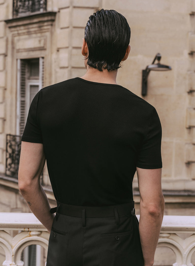 Black Ribbed Cotton Henley Zip T-Shirt