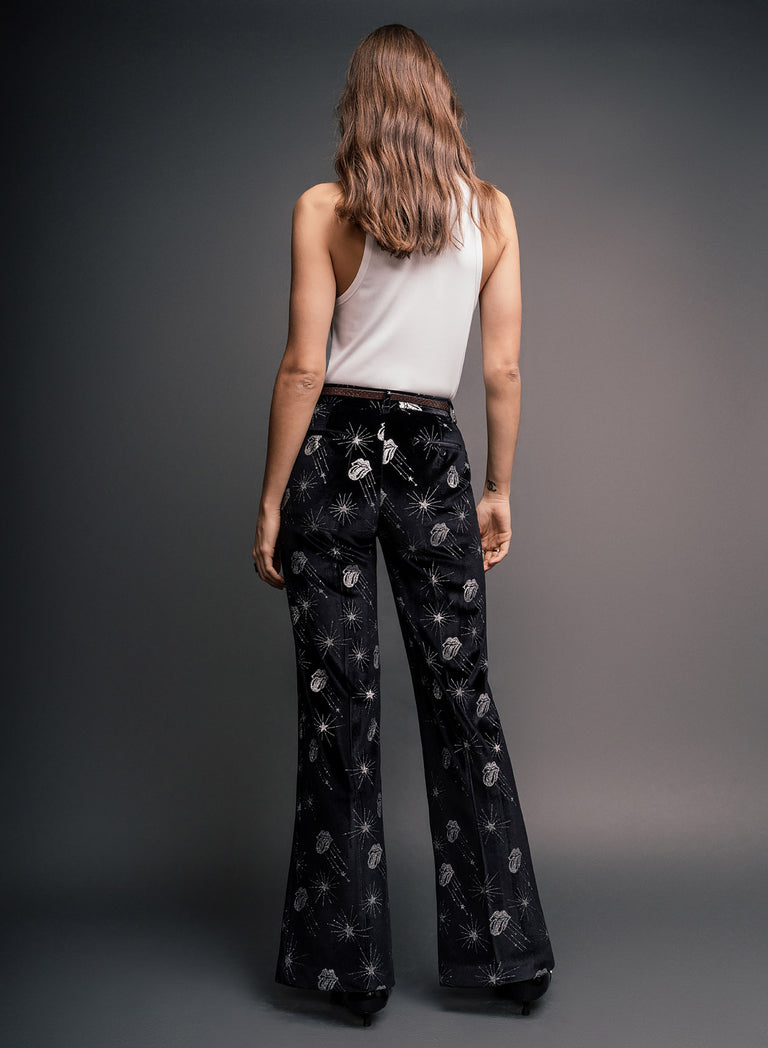 Phix X Rolling Stones Silver Tongue Black Velvet Flare Trousers