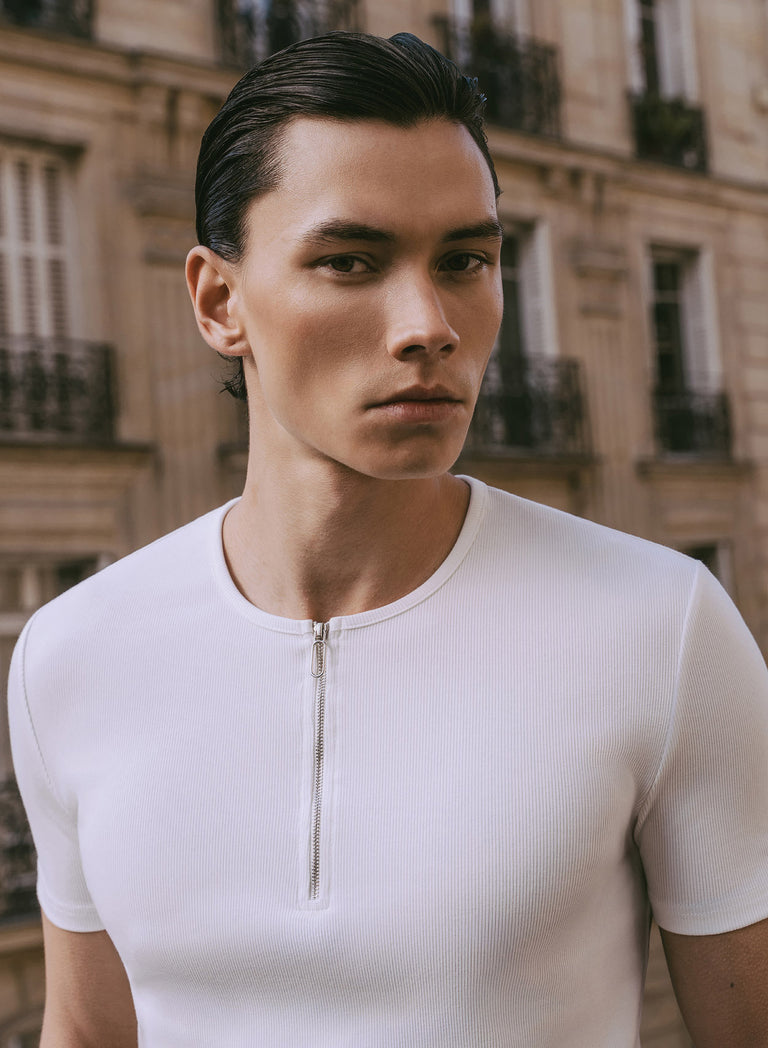 White Ribbed Cotton Henley Zip T-Shirt