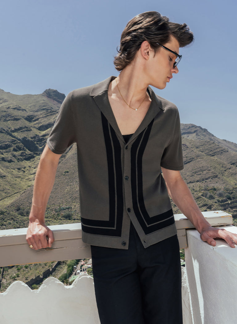 Green 50's Cuban Shirt with Black Stripe Border