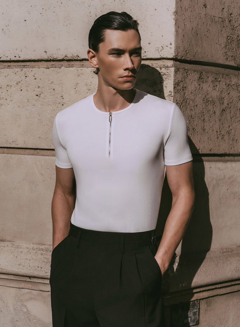 White Ribbed Cotton Henley Zip T-Shirt