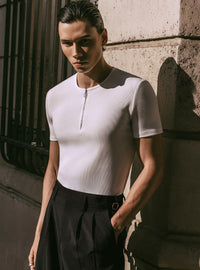 White Ribbed Cotton Henley Zip T-Shirt