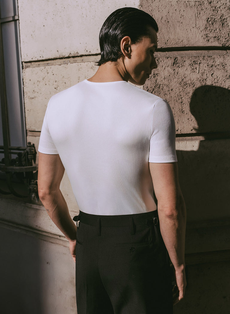 White Ribbed Cotton Henley Zip T-Shirt