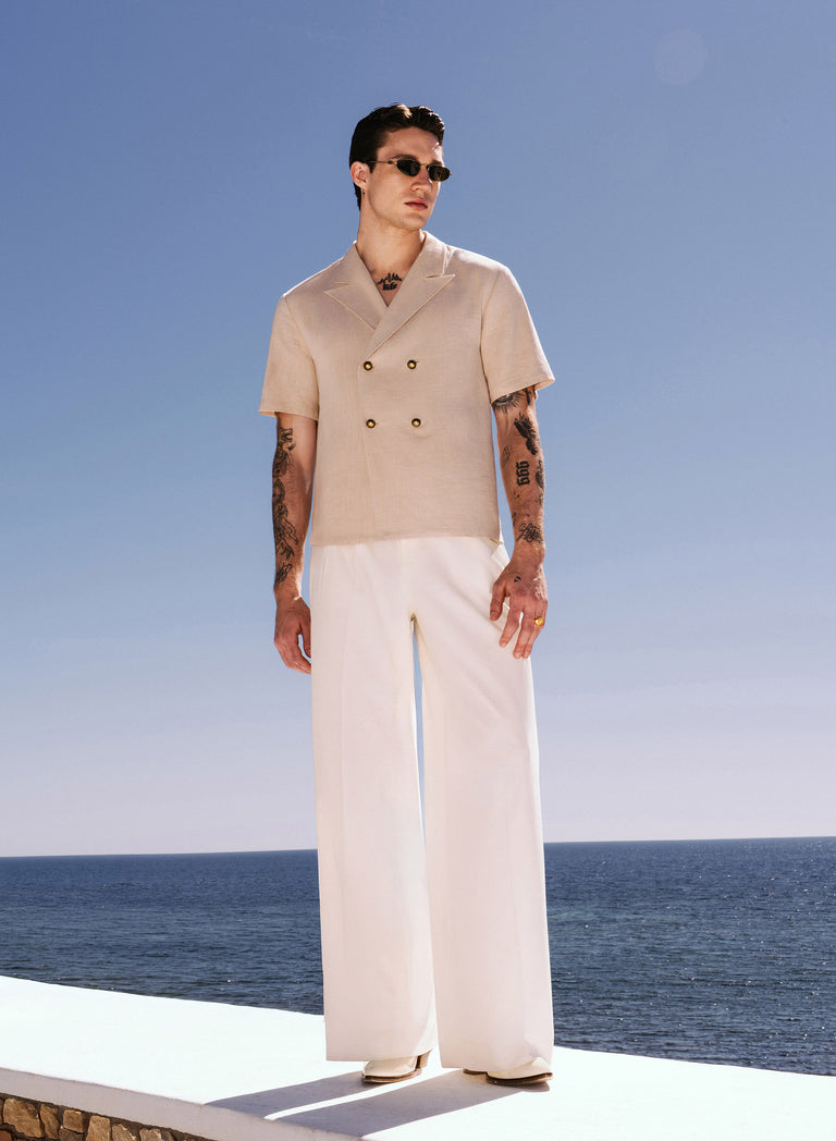 Beige Short Sleeve Linen Double Breasted Shirt
