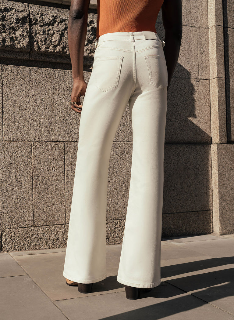 Off White High Waisted Denim Flare Side Buckle Jean