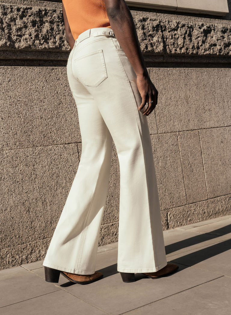 Off White High Waisted Denim Flare Side Buckle Jean