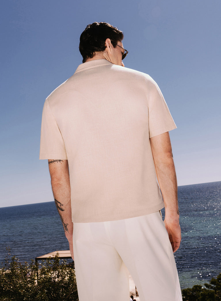 Beige Short Sleeve Linen Double Breasted Shirt