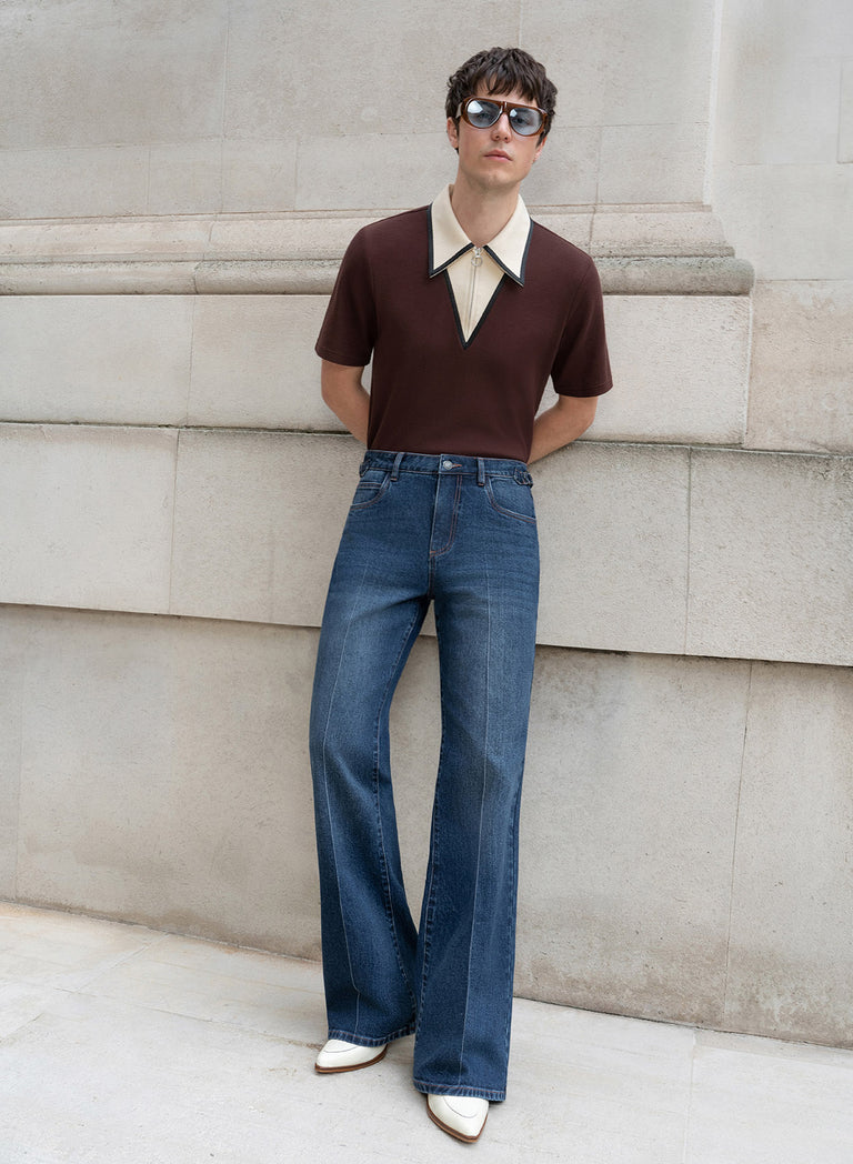 Blue High Waisted Denim Flare Side Buckle Jean