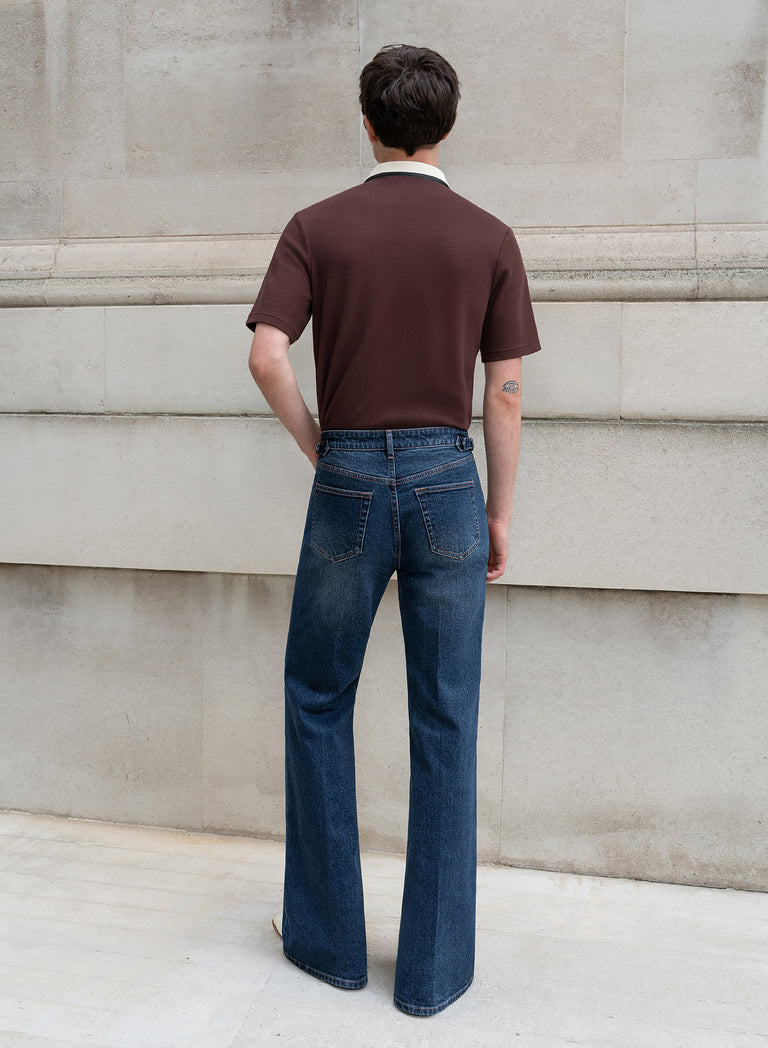 Blue High Waisted Denim Flare Side Buckle Jean