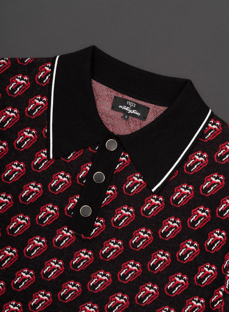 Phix X Rolling Stones Black Knitted Tongue Pattern Polo