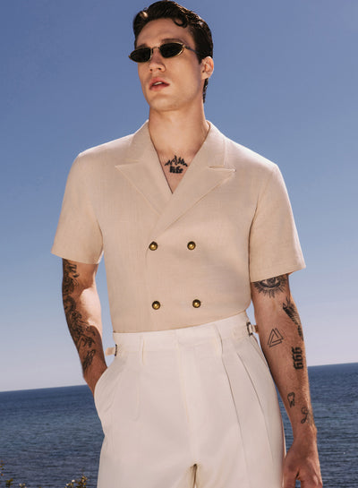Beige Short Sleeve Linen Double Breasted Shirt
