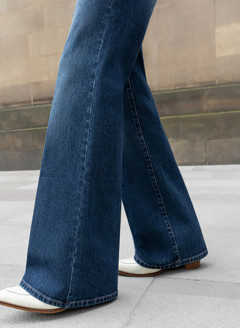 Blue High Waisted Denim Flare Side Buckle Jean