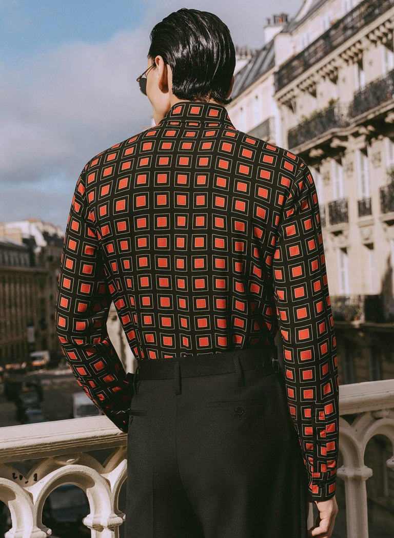 70s Burnt Orange Geometric Square Viscose Shirt