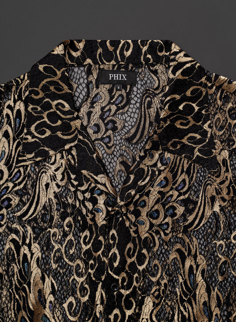 Black Lace Gold Short Sleeve Cuban Peacock Shirt