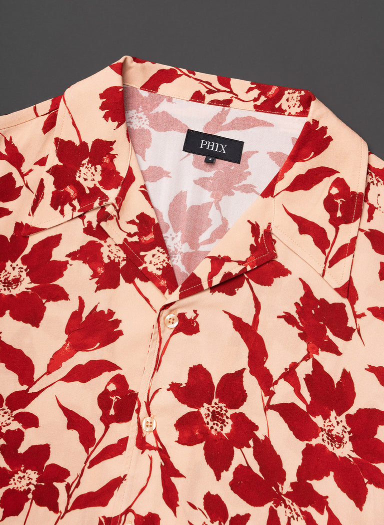 Red Floral Print Short Sleeve Cuban Shirt