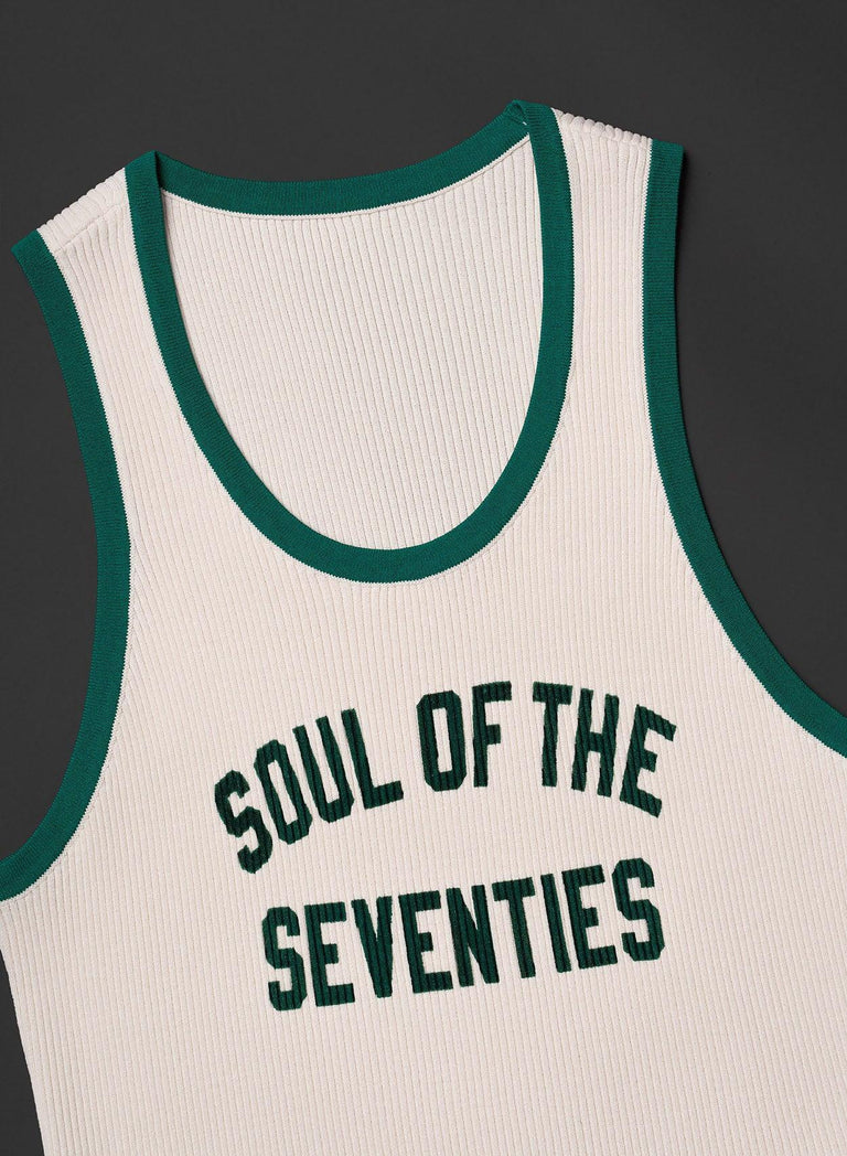 Soul of the Seventies Off White Green Trim Ribbed Vest
