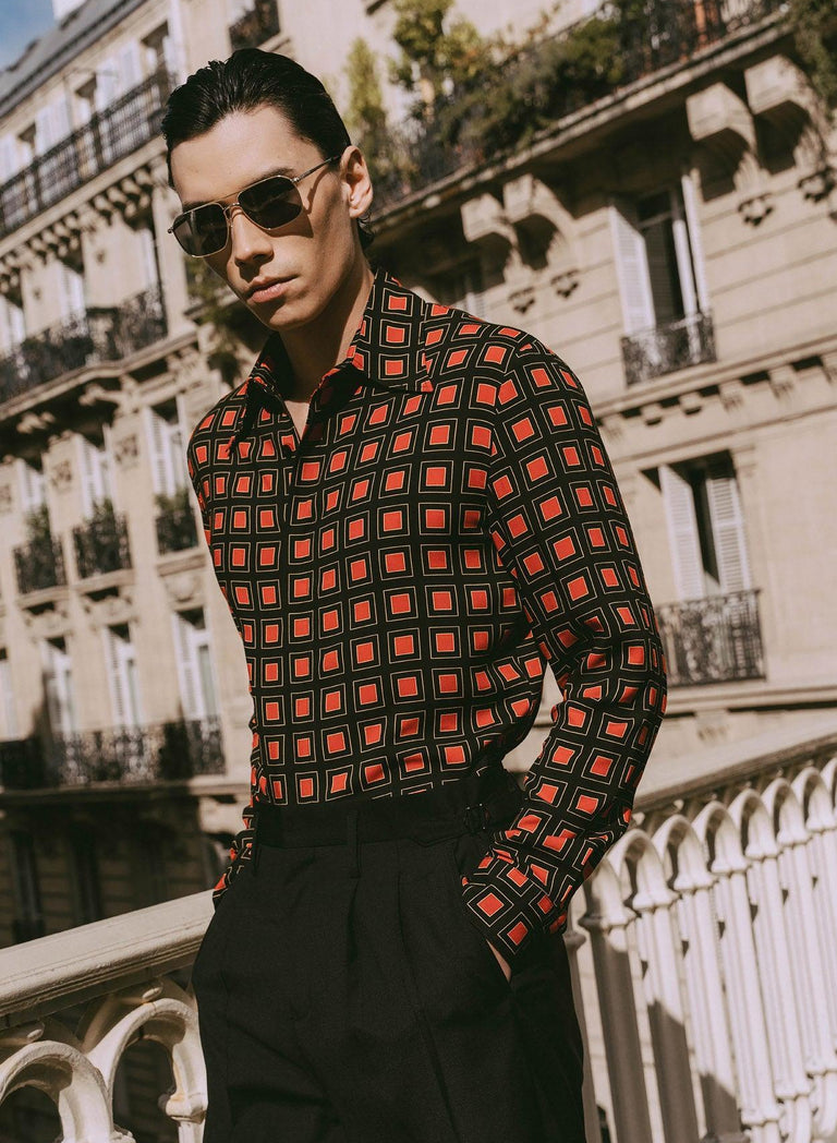 70s Burnt Orange Geometric Square Viscose Shirt