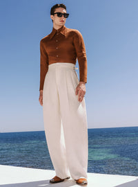 White Barrel Leg High Waisted Side Buckle Pure Linen Trousers