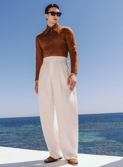 White Barrel Leg High Waisted Side Buckle Pure Linen Trousers