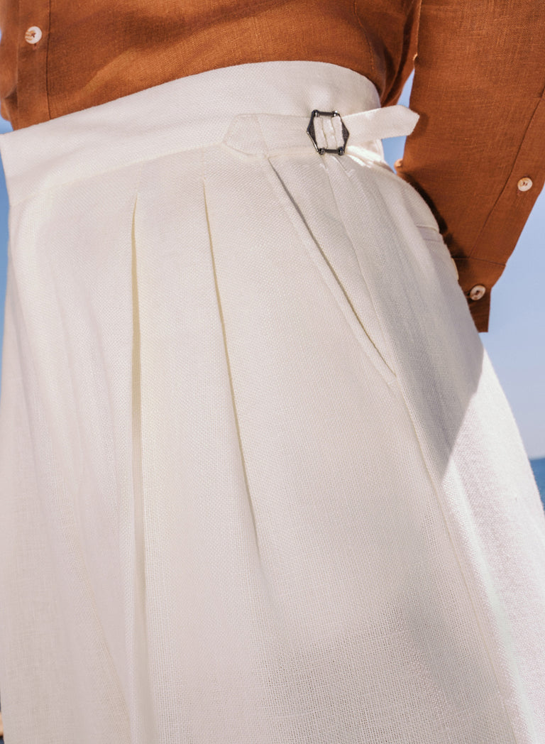 White Barrel Leg High Waisted Side Buckle Pure Linen Trousers