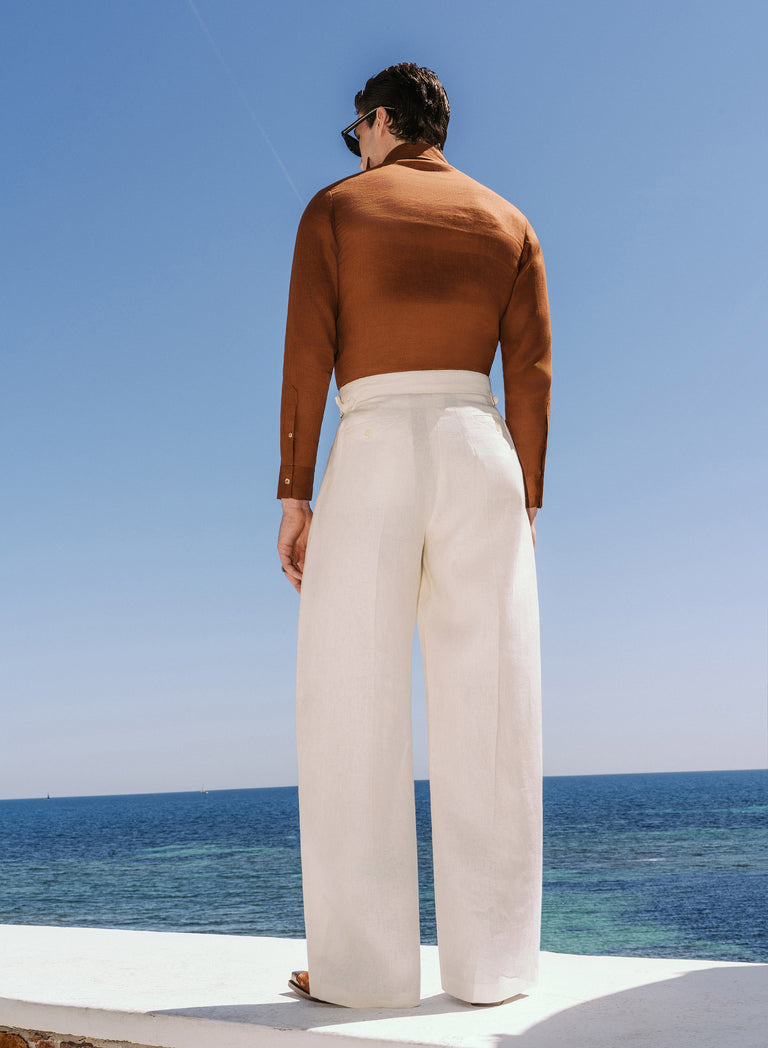 White Barrel Leg High Waisted Side Buckle Pure Linen Trousers