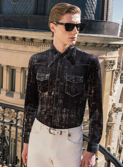 Charcoal Black Velvet 70s Western Dagger Collar Shirt