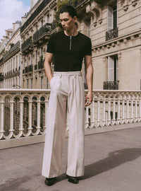 Ivory Pinstripe Herringbone High Waisted Side Buckle Flare Trousers