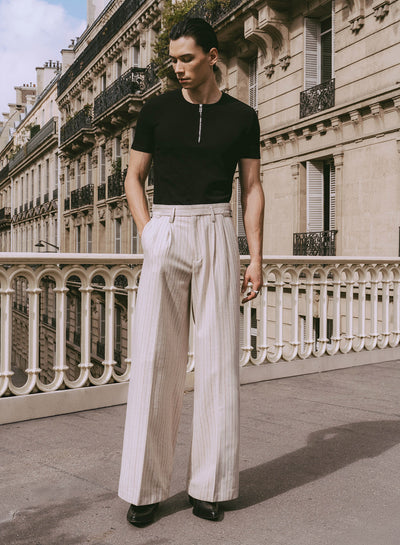 Ivory Pinstripe Herringbone High Waisted Side Buckle Flare Trousers