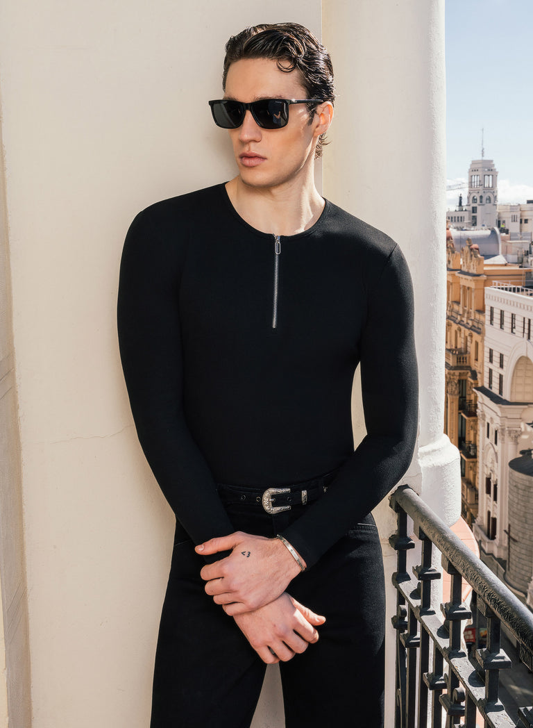 Black Long Sleeve Ribbed Zip Henley Shirt