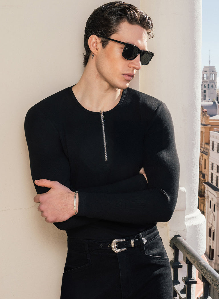 Black Long Sleeve Ribbed Zip Henley Shirt