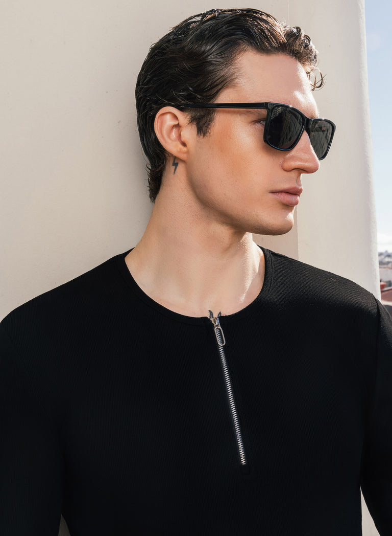 Black Long Sleeve Ribbed Zip Henley Shirt