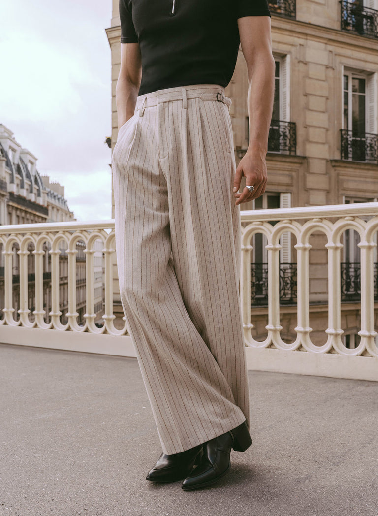 Ivory Pinstripe Herringbone High Waisted Side Buckle Flare Trousers