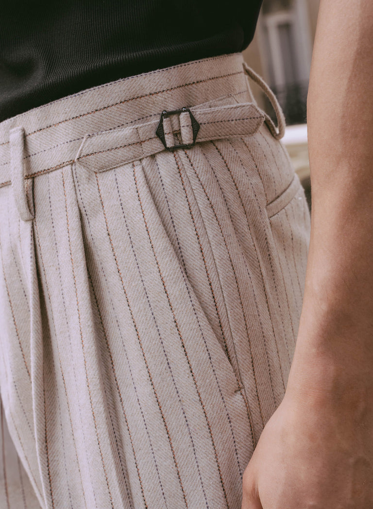 Ivory Pinstripe Herringbone High Waisted Side Buckle Flare Trousers