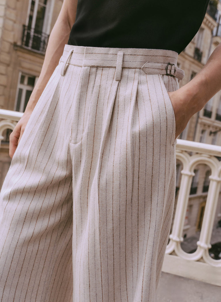 Ivory Pinstripe Herringbone High Waisted Side Buckle Flare Trousers